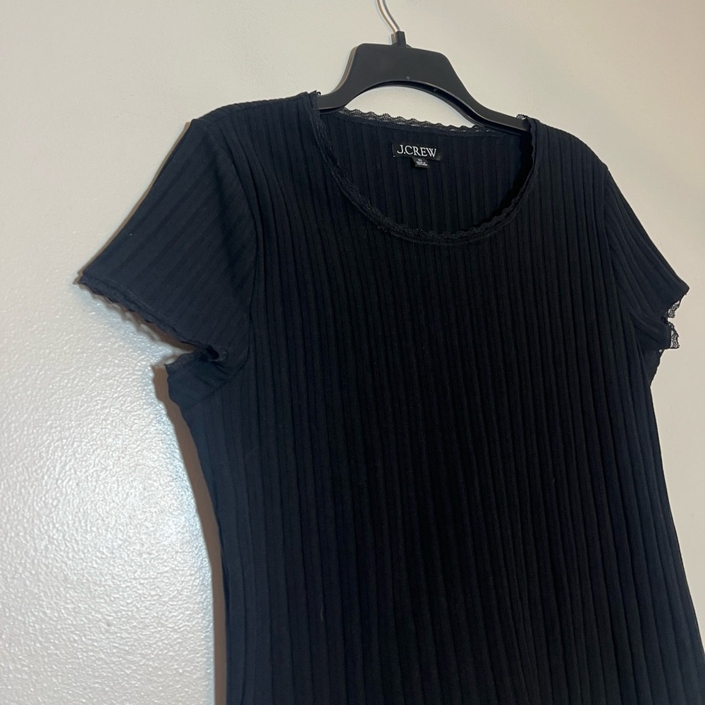J. Crew Black Ribbed Short Sleeve Pointelle Lace Baby Doll Shirt XL - Picture 3 of 4